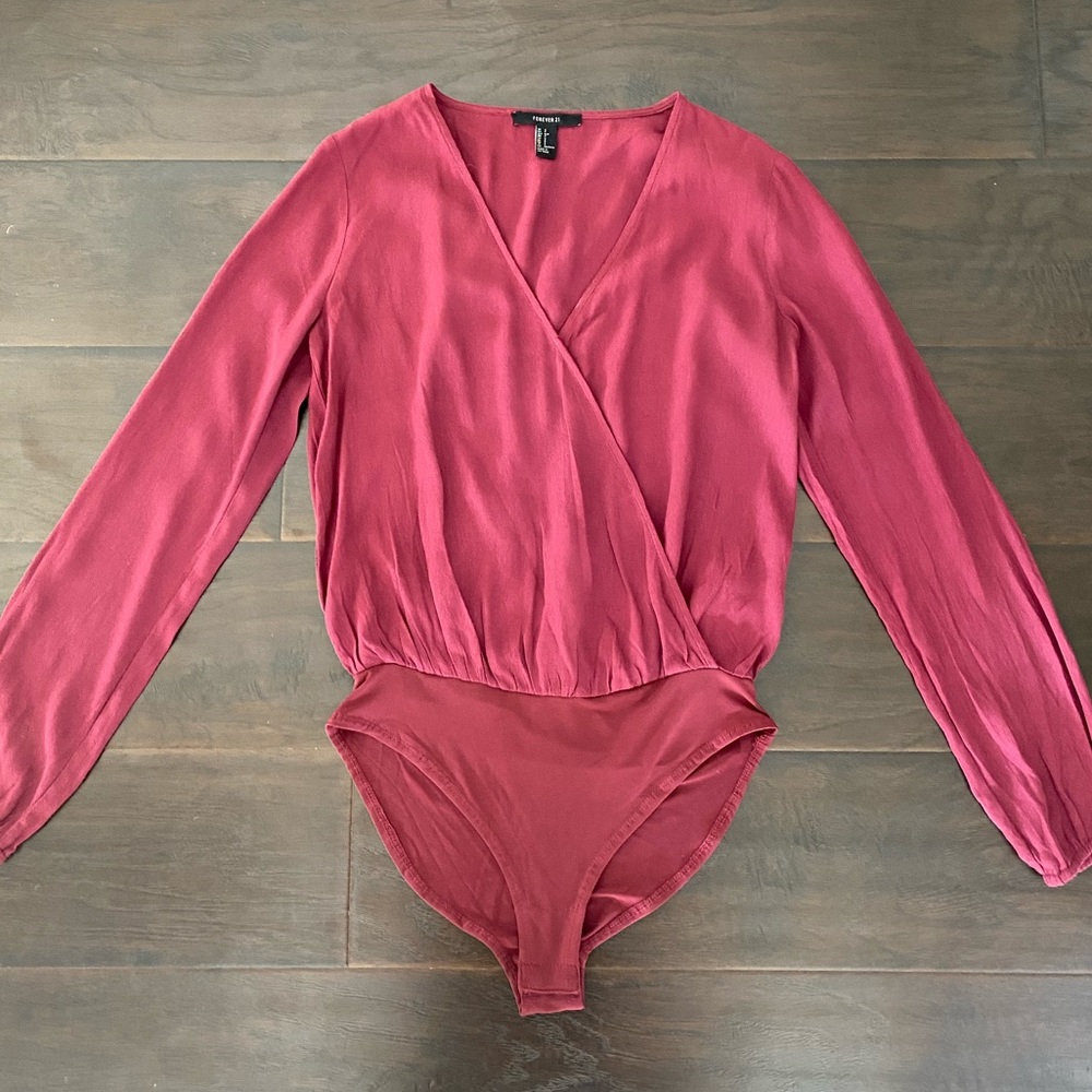 Forever 21 Burgundy Red Surplice Rayon Bodysuit